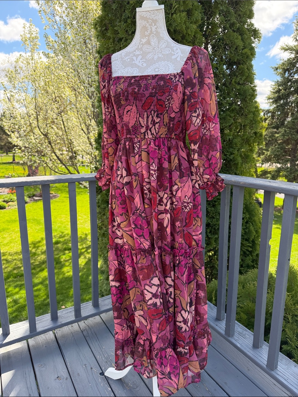Boho Smocked Maxi Dress in Berry Floral sz M